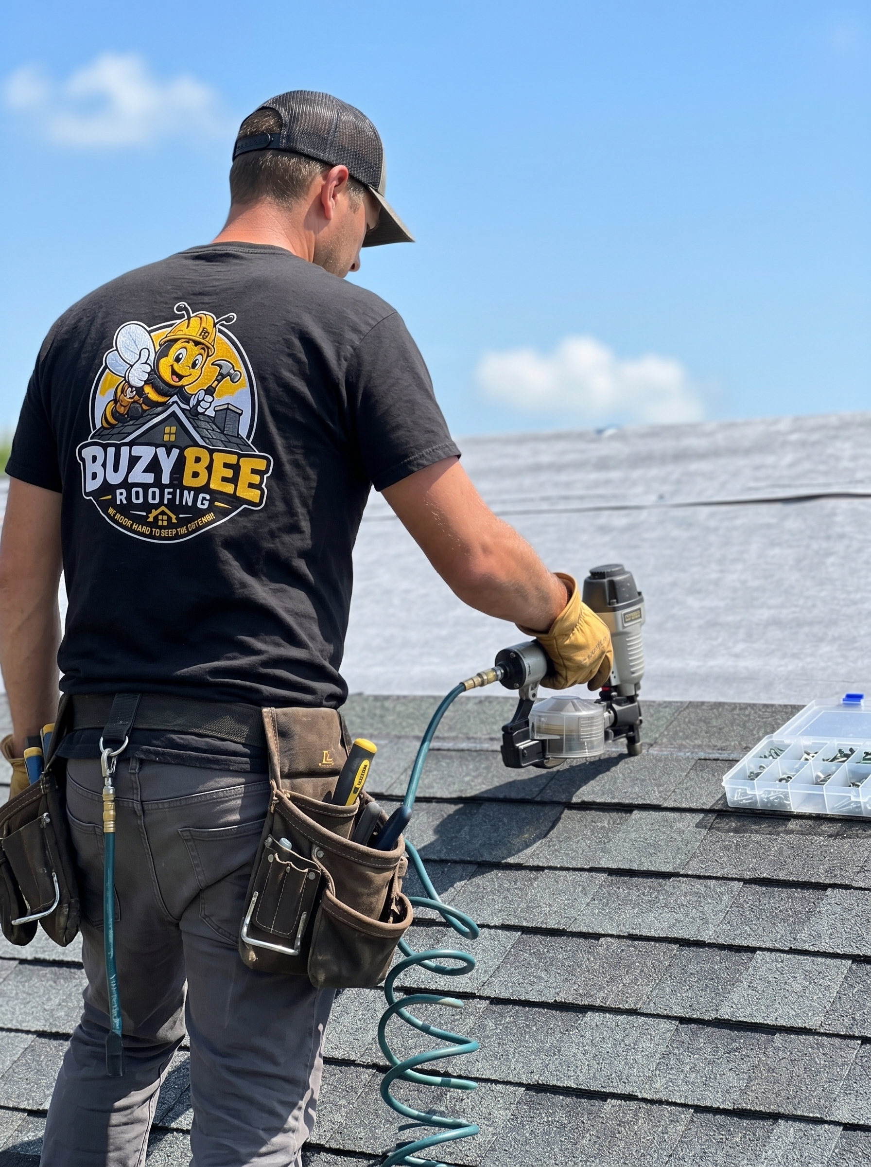BuzyBee Roofing crew installing a new roof in Bellevue, WA